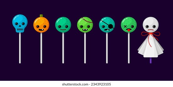 Halloween candies on sticks, spooky food for holiday party, lollipops with ghost, skull, pumpkin and zombie faces, set of vector colorful cartoon illustrations isolated on dark background