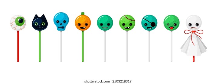 Halloween candies on sticks, spooky food for holiday party, lollipops with ghost, skull, pumpkin, eye, cat head and zombie faces, vector colorful cartoon illustrations isolated on white background