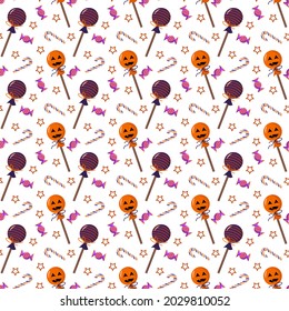 Halloween candies. Pattern with lollipops, canes, and sweets on a white background. Vector illustration. For packaging, textiles, covers and brochures, flyers.