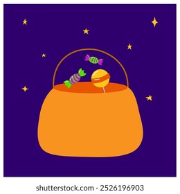 Halloween candies in pumpkin bag. Sweet lollipop candy treats for kids. Trick or treat in orange jack lantern basket, sweets and chocolate isolated children sweets cartoon vector illustration