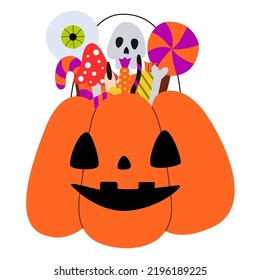 Halloween candies in pumpkin cauldron. Lollipops, candies, sugar cane and cookies. Trick or treat elements.
