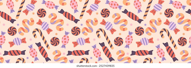 Halloween candies repeating pattern. Sweet snack background. October holiday print.
