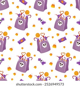 Caramelos de Halloween sin patrón. Bolsa de Halloween llena de dulces ilustración de dibujos animados. Truco o trato de fondo. Papel dulce de Halloween. Impresión del caramelo, Vector de Fondo de pantalla en el fondo blanco
