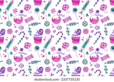 Halloween candies seamless pattern. Sweet treats collection, spooky lollipops, cupcake, eye, candy corn, witch finger. Flat cartoon vector illustration isolated on white background