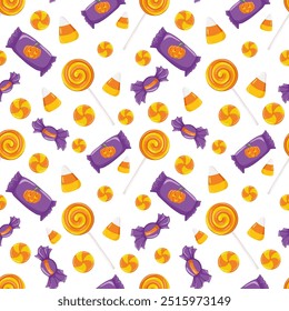 Caramelos de Halloween sin patrón. Dulce caramelo de Halloween ilustración de dibujos animados. Truco o trato de fondo. Papel dulce de Halloween. Impresión del caramelo, Vector de Fondo de pantalla en el fondo blanco