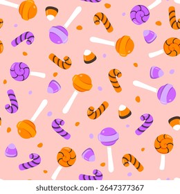 Halloween doces padrão sem costura. Vetor Halloween repetir impressão com milho doce, pirulito, doces no fundo rosa. Textura engraçada para tecido, decoração, papel de parede, papel de embrulho, pano de fundo.