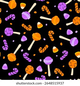 Halloween candies seamless pattern. Vector Halloween repeat print with candy corn, lollypop, sweets on black background. Funny texture for fabric, decoration, wallpaper, wrapping paper, backdrop.