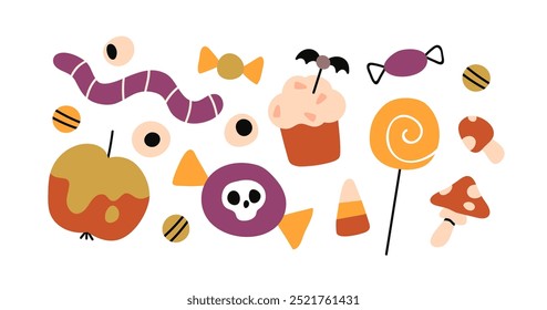 Halloween candies set. Festive sweets, lollipop, gummy worms, gelatin eyeballs for Trick or Treat holiday. October decorations, spooky desserts. Flat vector illustration isolated on white background