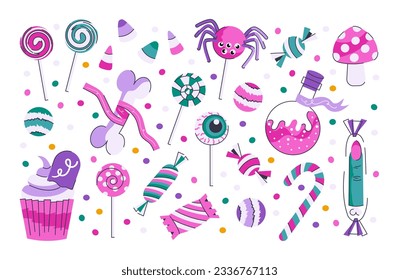 Halloween candies set. Sweet treats collection, spooky lollipops, cupcake, eye, candy corn, witch finger. Flat cartoon vector illustration isolated on white background