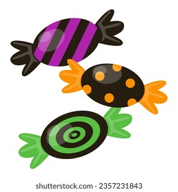 Los dulces de Halloween establecen el vector aislado. Colección de dulces en envolturas coloridas. Truco o víveres, elemento de diseño de fiesta de halloween.