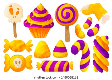 Halloween candies and sweets. Cartoon and flat style. Vector illustration isolated on white background.