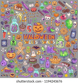 Halloween candies, sweets, snacks and drinks for trick-or-treating. Kids party menu hand drawn illustration.