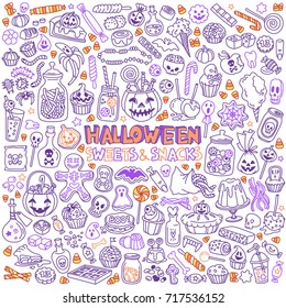Halloween candies, sweets, snacks and drinks for trick-or-treating. Kids party menu hand drawn illustration.