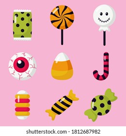 halloween candies trick or treat flat isolated on pink background. vector illustration.