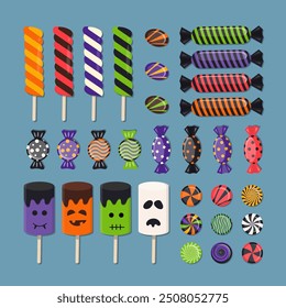 Halloween Candies Vector Set. Collection of Spooky Monster Sweets, Lollipops, Sugar Caramel, and Twisted Marshmallows.