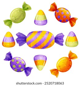 Halloween Candies. Vector set of watercolor sweets for design of decor of cards, invitations, sales