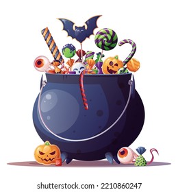 Halloween candies in witches cauldron. Halloween October pot with sweets, lollipops. Flat vector illustration isolated on white backgroundVector illustration.