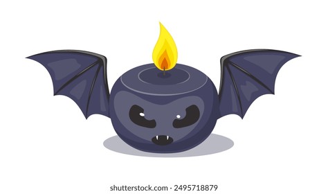 Vela de Halloween con silueta de murciélago negro y fuego. Icono de Halloween aterrador de velas ardiendo en forma de personaje vampiro, murciélago negro con colmillos y alas, Ilustración vectorial aislada en blanco