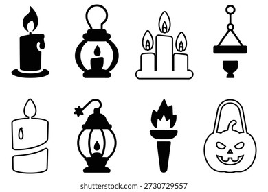 Halloween vela lanterna tocha abóbora ícones vetor