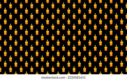 Halloween candle pattern horizontal black background. Vector melt orange candles on dark background repeat texture for wallpaper, wrapping, holiday decor, backdrop.