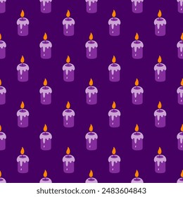 Vela de Halloween sin patrón. El Vector derrite las velas púrpuras en el fondo violeta repite la textura para el Fondo de pantalla, el envoltorio, la decoración de las vacaciones, el telón de fondo, la impresión de la tela.