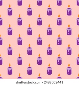 Halloween candle seamless pattern. Vector melt violet candles on pink background repeat texture for wallpaper, wrapping, holiday decor, backdrop, fabric print