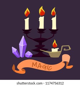 Halloween candles and crystals. Vector design for prints, tshirts, party posters and banners.