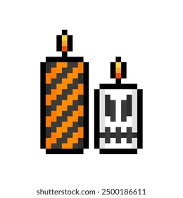 Velas de Halloween aisladas sobre fondo transparente. Icono de velas negras y naranjas en llamas. Decoración interior gótica. Ilustración de arte de píxeles de Vector en estilo antiguo de 16 bits.