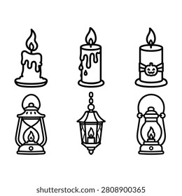 Halloween candles and lanterns vector. spooky decorative elements set. wax burning, gothic, vintage lantern, halloween pumpkin.