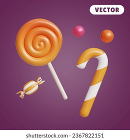 halloween candy 3D vector icon set, on a purple background