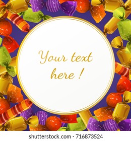 Halloween candy background with round white banner on violet background