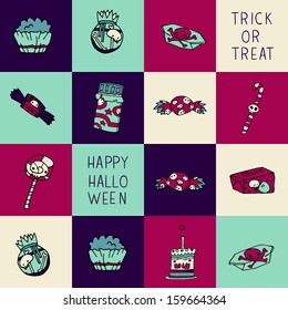 Halloween candy background. Vector pattern for web page backgrounds, postcards, greeting cards, invitations, pattern fills, surface textures.