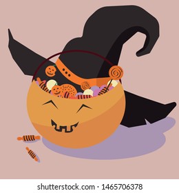 Halloween  candy basket and witch hat