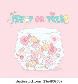 halloween candy bowl in pink theme, vector illustration