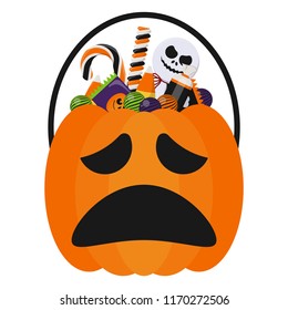 Halloween Candy Bucket and Candies - Jack O Lantern Halloween candy bucket with handle holding many colorful Halloween candies isolated on white background