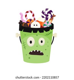 Halloween Candy Bucket with Frankenstein Face.  Festive monster basket full of sweets, candies and desserts. Vector illustration in cartoon style