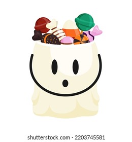 Halloween Candy Bucket with Ghost Face. Festive spirit spooky basket full of sweets, candies. Boo character. Flat vector illustration