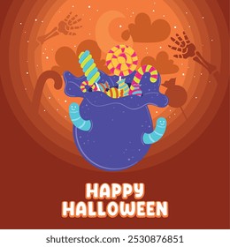 Halloween candy bucket with worms and lollipops and Happy Halloween, Vector