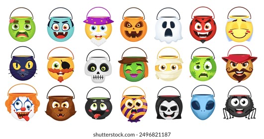 Halloween candy buckets, bags and baskets isolated vector set. Zombie, vampire, wizard and pumpkin. Ghost, devil, angel and black cat with pirate, skull or alien. Witch, mummy, clown or werewolf faces