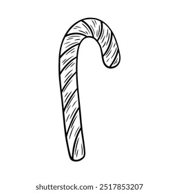 Halloween candy cane illustration in line art style. Graphic Christmas sweets monochrome drawing. Hand drawn outline sketch, engraved doodle illustration. For coloring book, invitation, decoration.