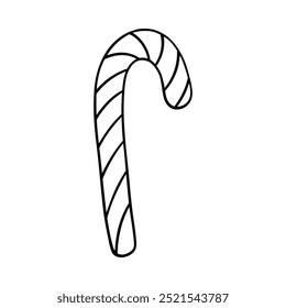 Halloween candy cane illustration in line art style. Graphic Christmas sweets monochrome drawing. Hand drawn outline sketch, engraved doodle illustration. For coloring book, invitation, decoration.