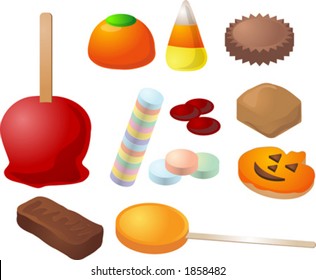 Halloween Candy. Caramal Apple, Pumpkin Jelly, Candy Corn, Peanut Butter Cup, Cinammon, Caramel, Cookies, Chocolate Bar, Lollipop. Vector Illustration