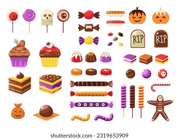 Halloween candy. Cartoon colorful sweet bar for children, chocolate pumpkin liquorice lollipop toffee desserts for October party. Vector isolated set. Tasty spooky cakes, cupcakes and cookies