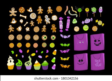 Halloween candy collection. A large set of sweets. Popular on isolated desserts, childrens sweets. Jelly, sweet corn, muffins, gingerbread, hard candies, toffee, muffins. Hand-drawn food for holiday.