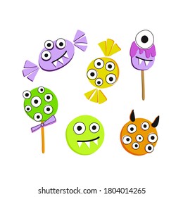 Colección de dulces de Halloween. Un conjunto de dulces. Popular en postres seleccionados, dulces para niños. Jelly, caramelos, caramelo, regaliz. Trajo la comida para la fiesta.