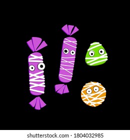 Halloween candy collection. A set of sweets. Popular on selected desserts, sweets for children. Jelly, candies, toffee, caramel, licorice. Hand drawn food for the holiday.