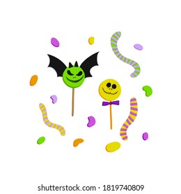 Colección de dulces de Halloween. Un conjunto de dulces. Popular en postres seleccionados, dulces para niños. Jelly, caramelos, caramelo, regaliz. Trajo la comida para la fiesta.