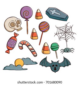 halloween candy collection with some spooky elements using doodle art