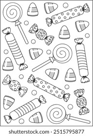 Halloween candy coloring page, poster, sign or banner black and white activity sheet 
