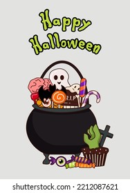 Halloween candy container in the shape of a cauldron. Witch's cauldron filled with candy and cakes. Bright vector illustration. Suitable for postcards, banners, posters